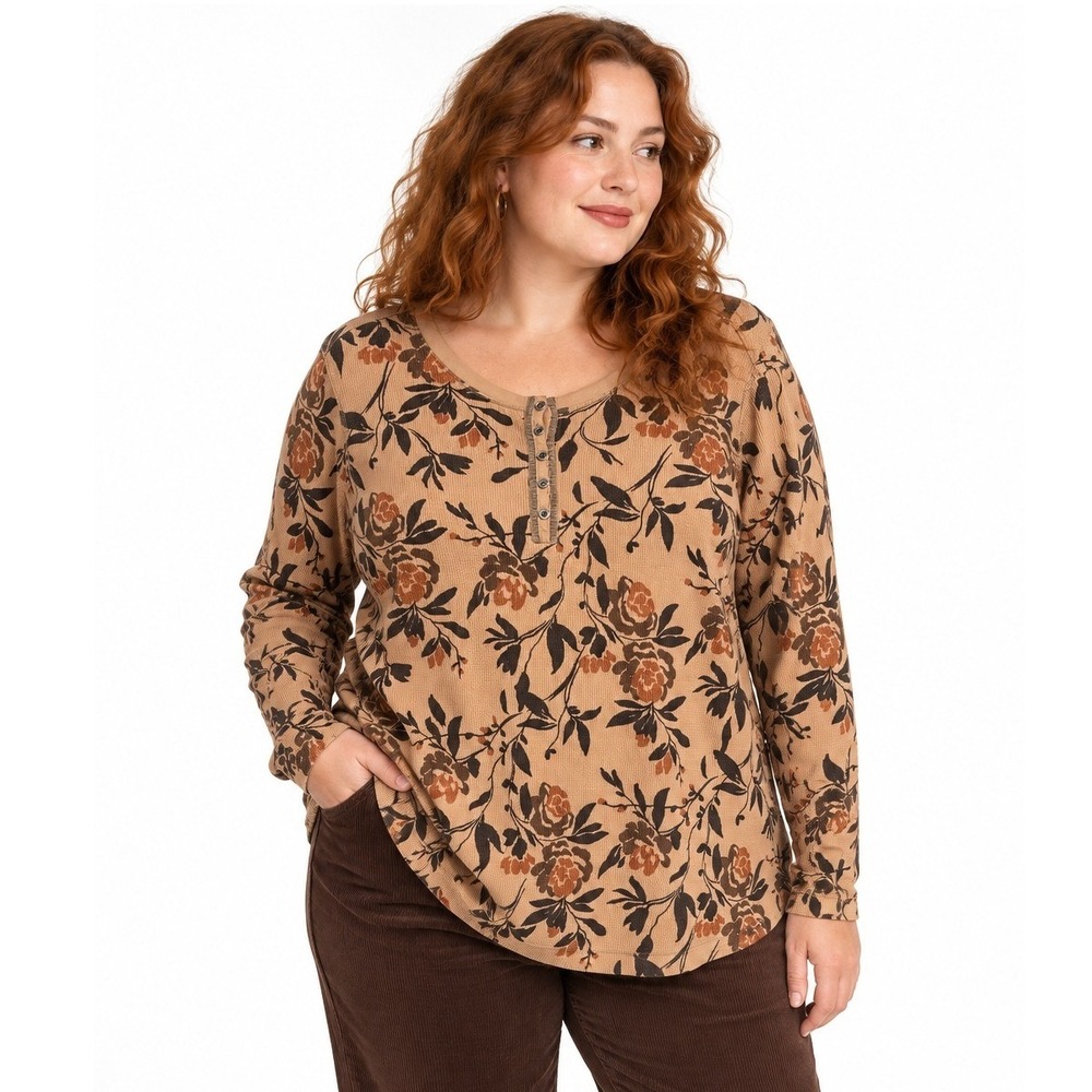 Floral Waffle Knit Henley Top XL Tan Brown Boho Granola Thermal Long Sleeve